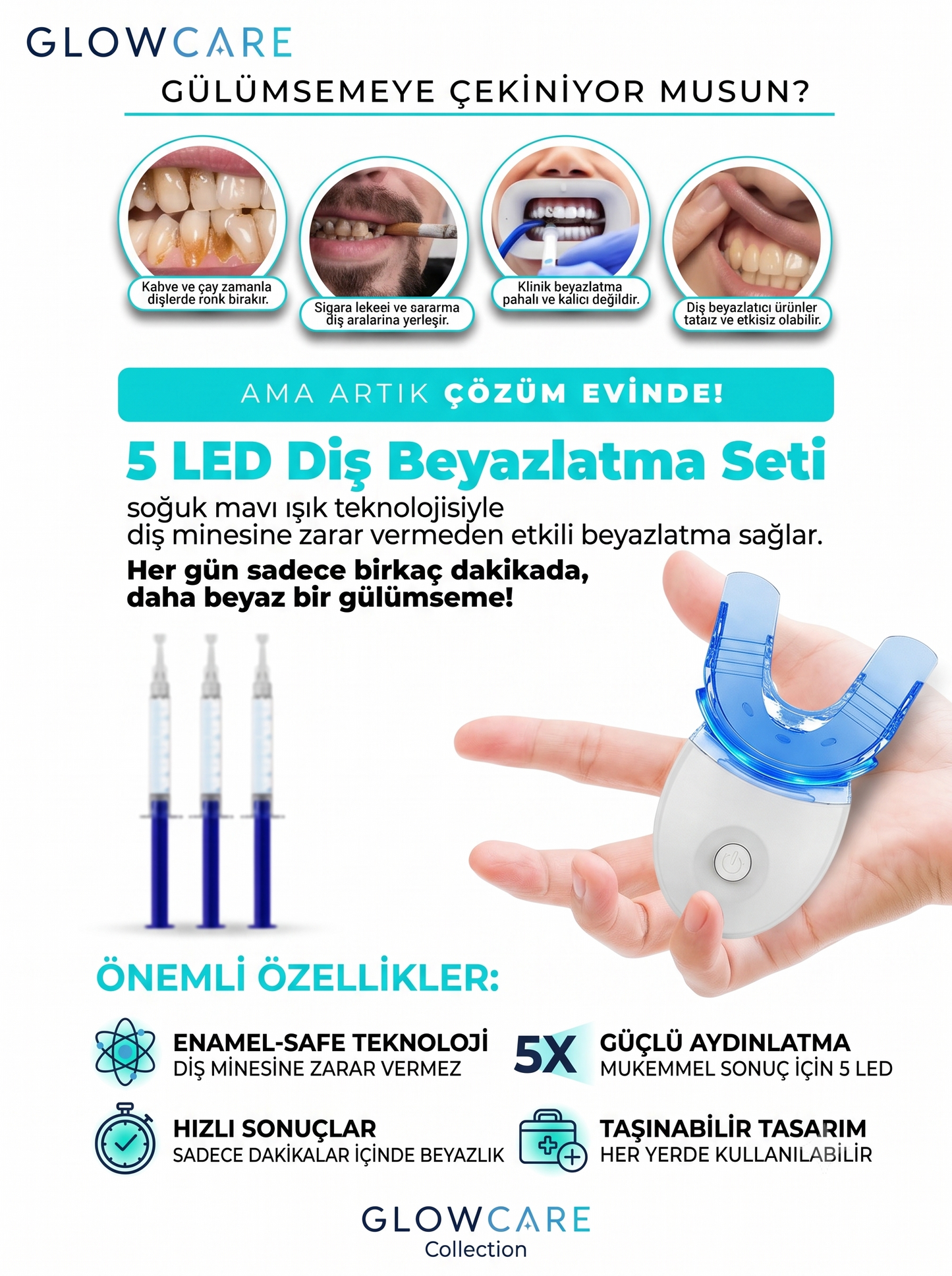 GlowCare 5 LED Diş Beyazlatma Seti